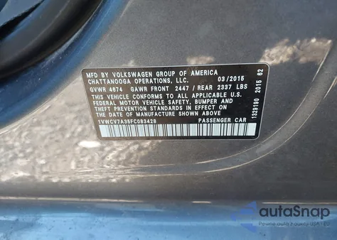 2015 Volkswagen Passat 2.0L Tdi Sel Premium from USA, damaged, VIN 1VWCV7A35FC083428